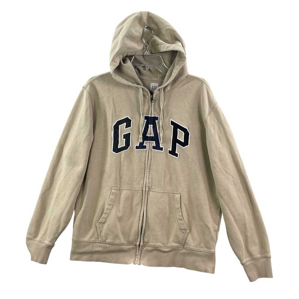 Gap Full Zip Hoodie Women Large Tan Beige Arch Logo Fleece Sweatshirt Casual L
